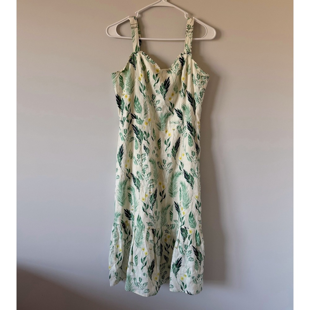 C&C California Women Linen Tropical Floral Midi Dress Green White Size 6 Smocked